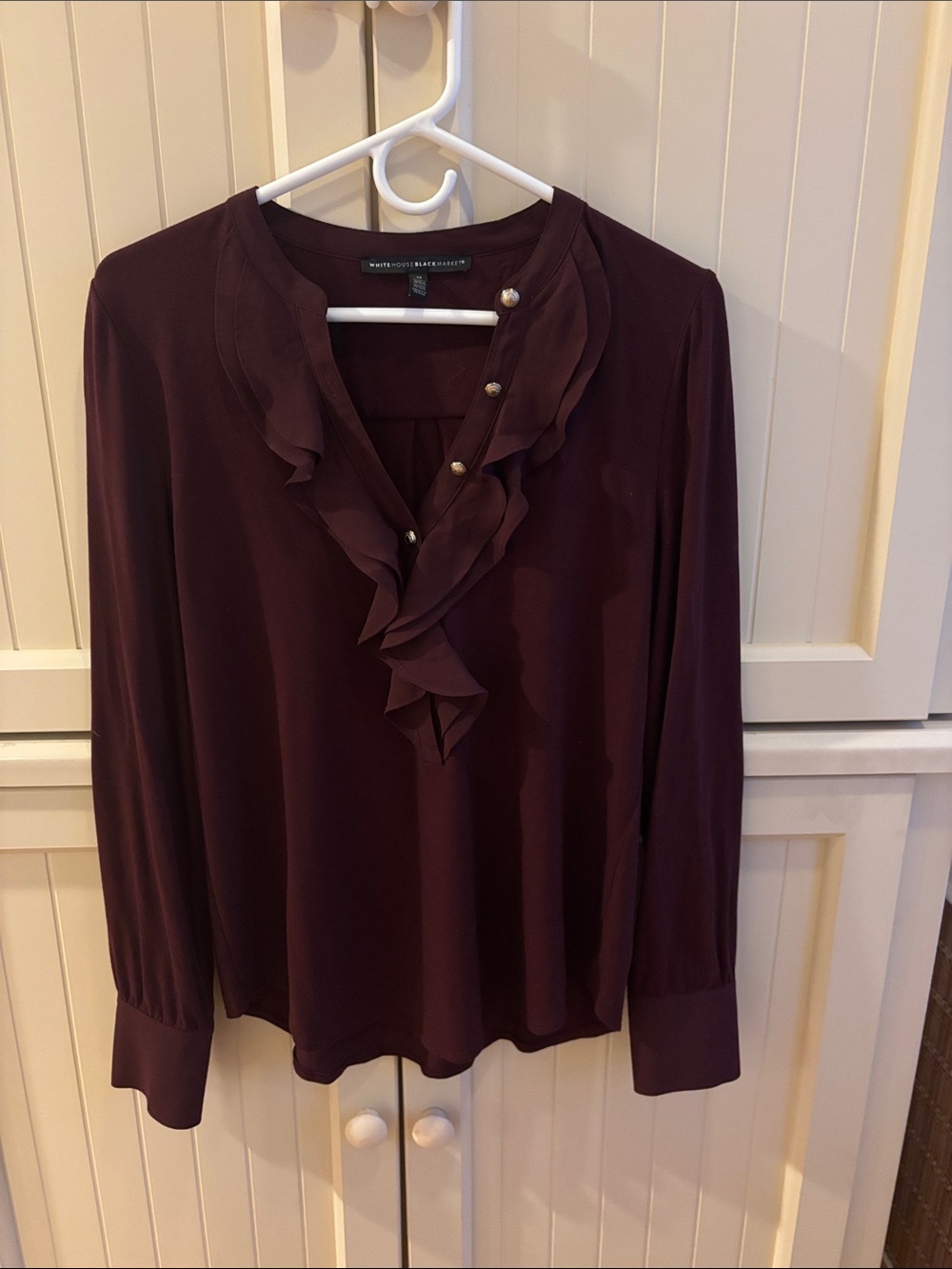 White House Black Market Plum Ruffle V-Neck Blouse with Gold Buttons